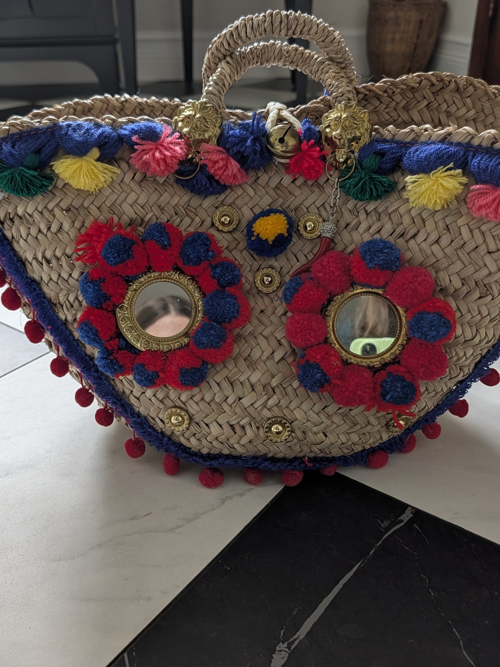 Embellished Straw Tote with Pom-Pom Mirrors
